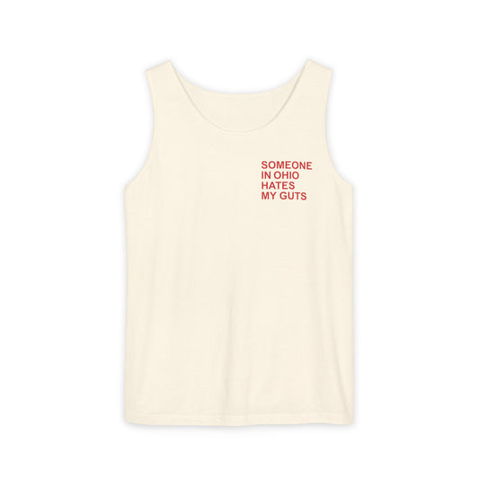Beige tank top with red text on a white background